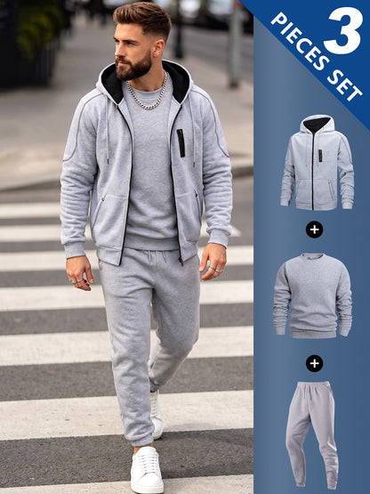 Men's Casual 3-Piece Set: Hooded Jacket, Sweatshirt & Joggers