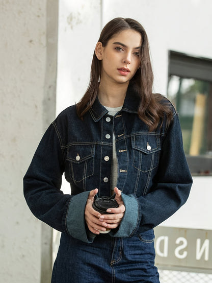 One Summer-Autumn Women's Short Rolled Sleeve Oversized Style Jacket with Contrast Stitching, Metal Buttons for Urban Street Fashion, Jackets for Women High Quality, Casual Wear, Everyday Jacket, Modern Design, Metal Detailin