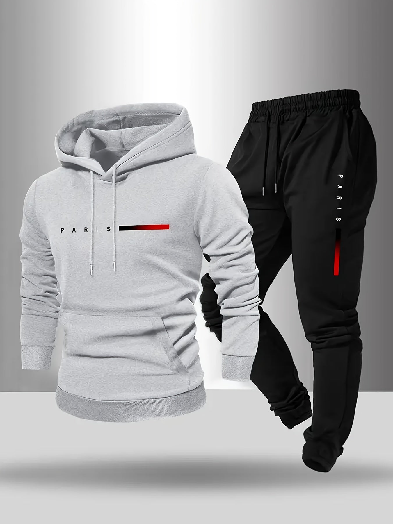 Halloween Men'S Hoodie with PARIS Lettering And Drawstring Sweatpants Set, a Must-Have Outfit for Autumn And Winter, Perfect for Everyday Outdoor Wear - ayq