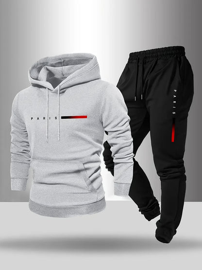 Halloween Men'S Hoodie with PARIS Lettering And Drawstring Sweatpants Set, a Must-Have Outfit for Autumn And Winter, Perfect for Everyday Outdoor Wear - ayq