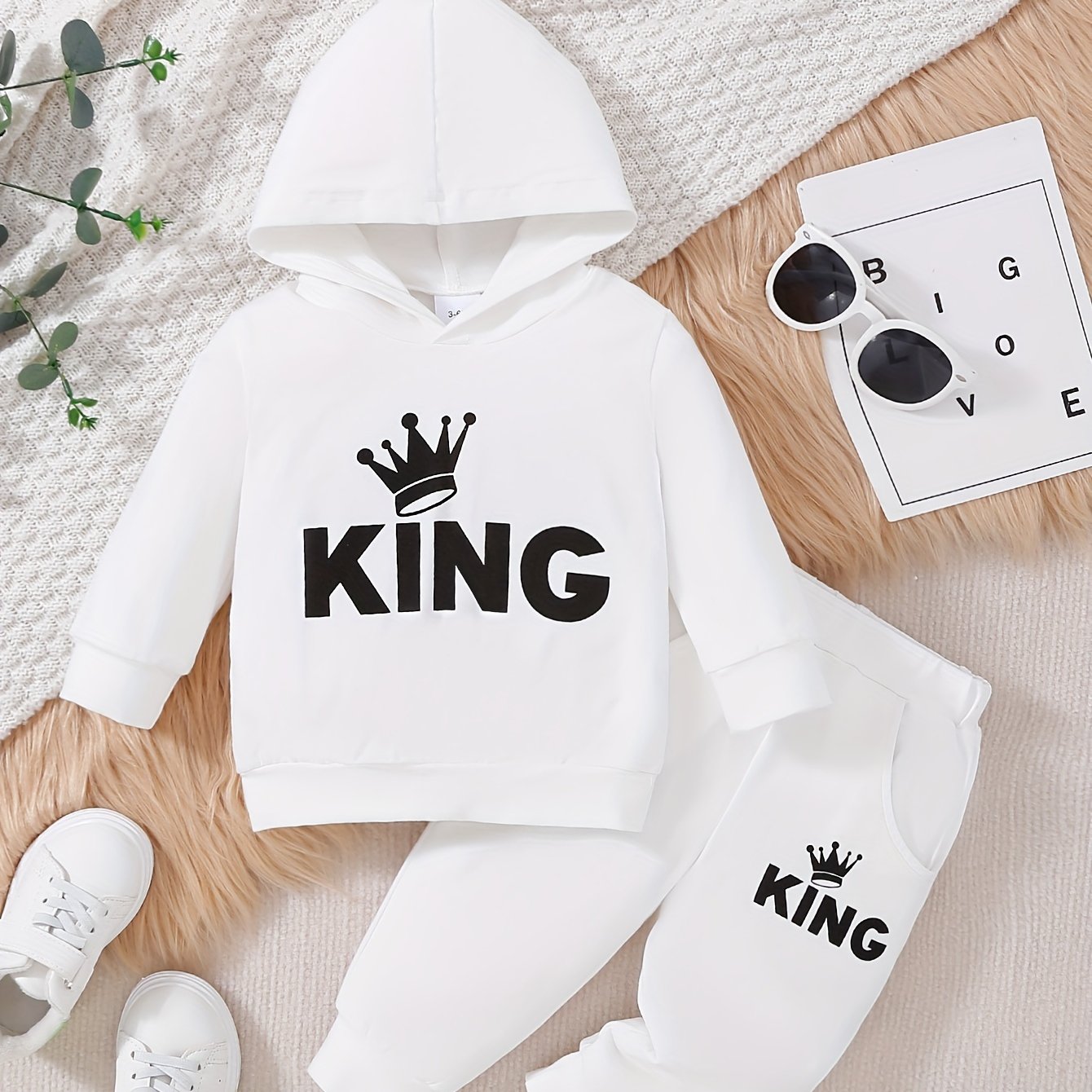 2 հատ Baby Boy's Casual Fashion Outfit Hooded KING Print երկարաթև մարզաշապիկ + շալվար բացօթյա հավաքածու