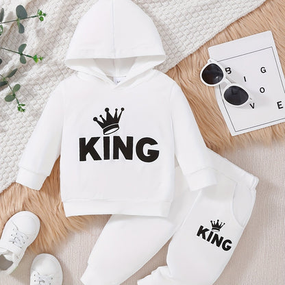 2 հատ Baby Boy's Casual Fashion Outfit Hooded KING Print երկարաթև մարզաշապիկ + շալվար բացօթյա հավաքածու