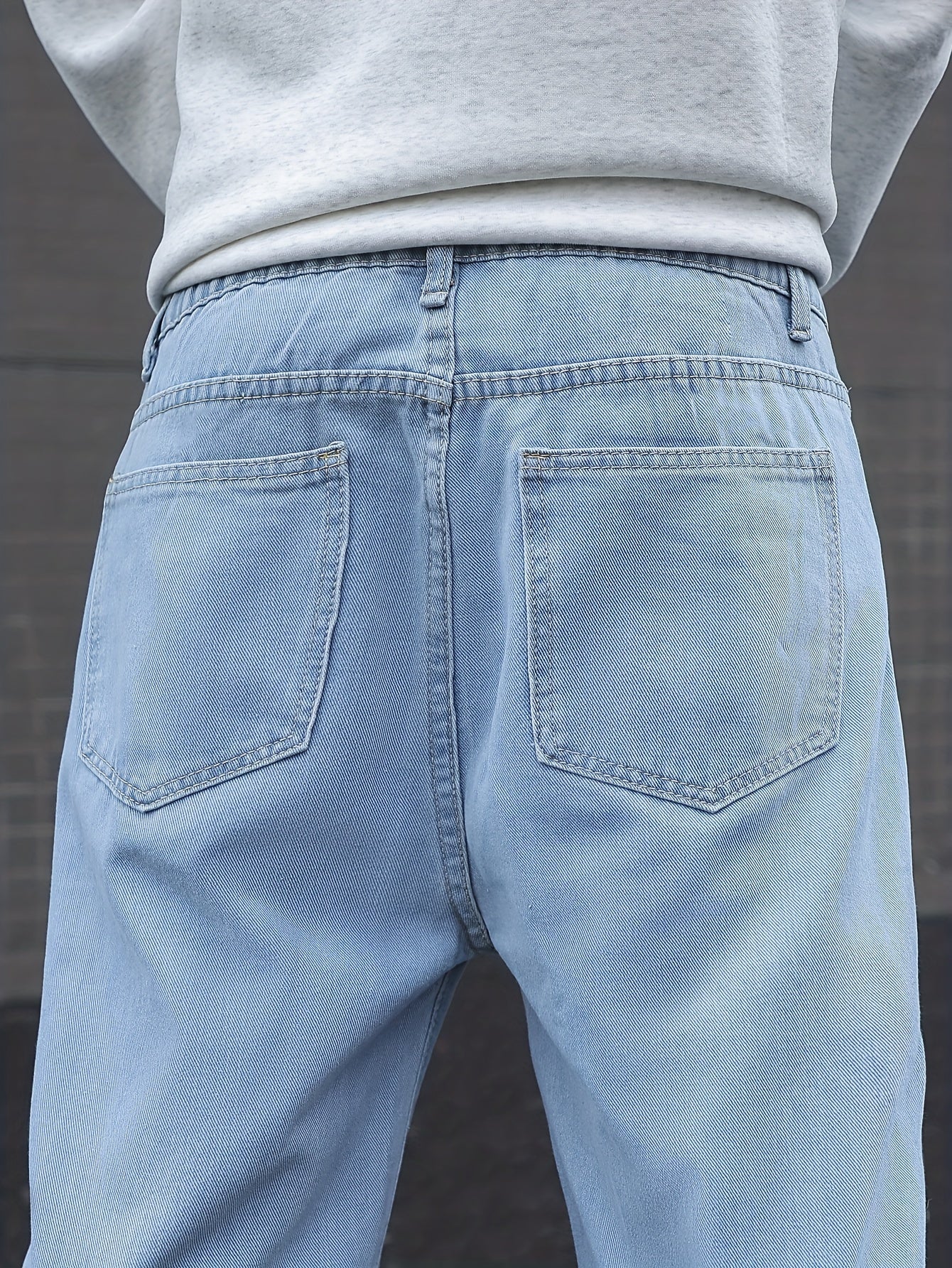 Men's Loose Solid Denim Pants With Pockets, Causal Cotton Blend Jeans For Outdoor Activities