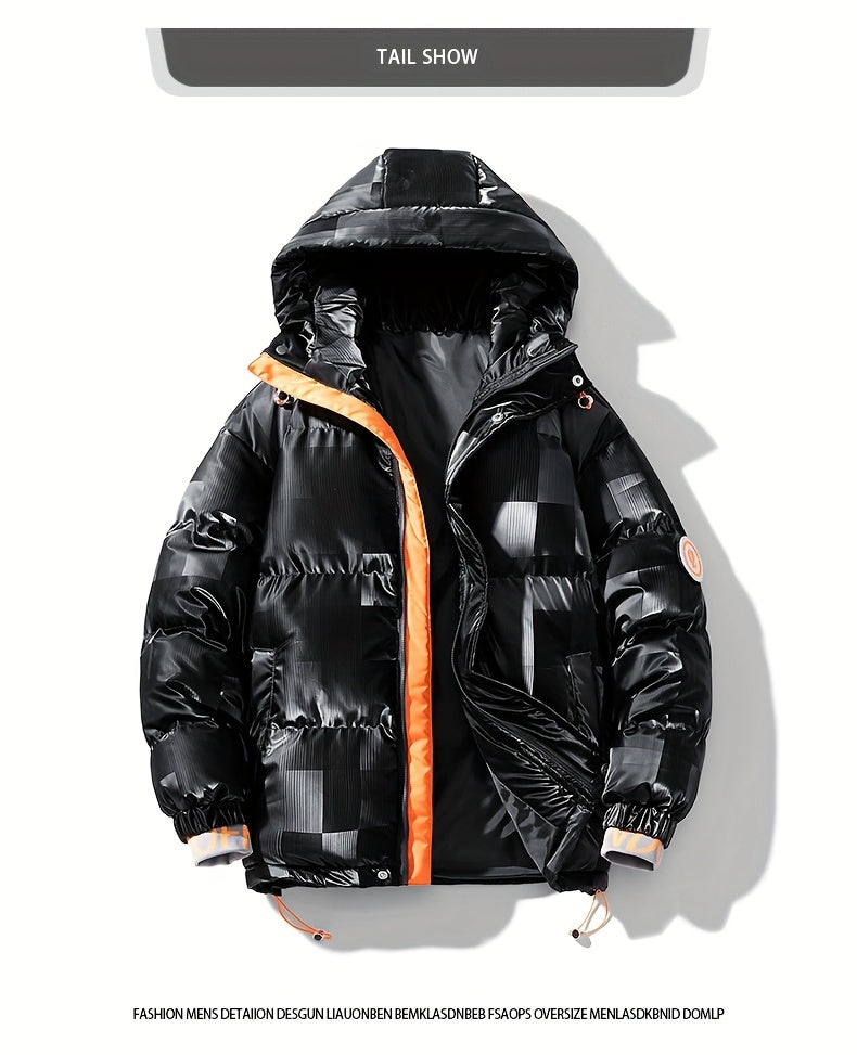 Men's Checkered Graphic Print Padded Outwear With Pockets, Casual Zip Up Long Sleeve Warm Hooded Outwear For Winter Outdoor Activities