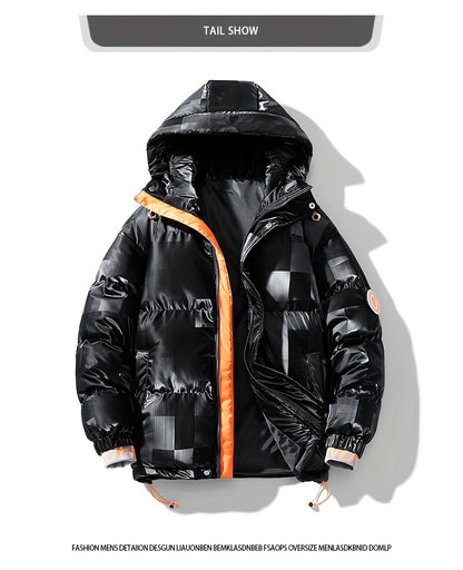 Men's Checkered Graphic Print Padded Outwear With Pockets, Casual Zip Up Long Sleeve Warm Hooded Outwear For Winter Outdoor Activities