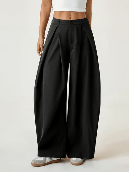 Elegant Wide-Leg Trousers with Curved Hem and Smock Detail