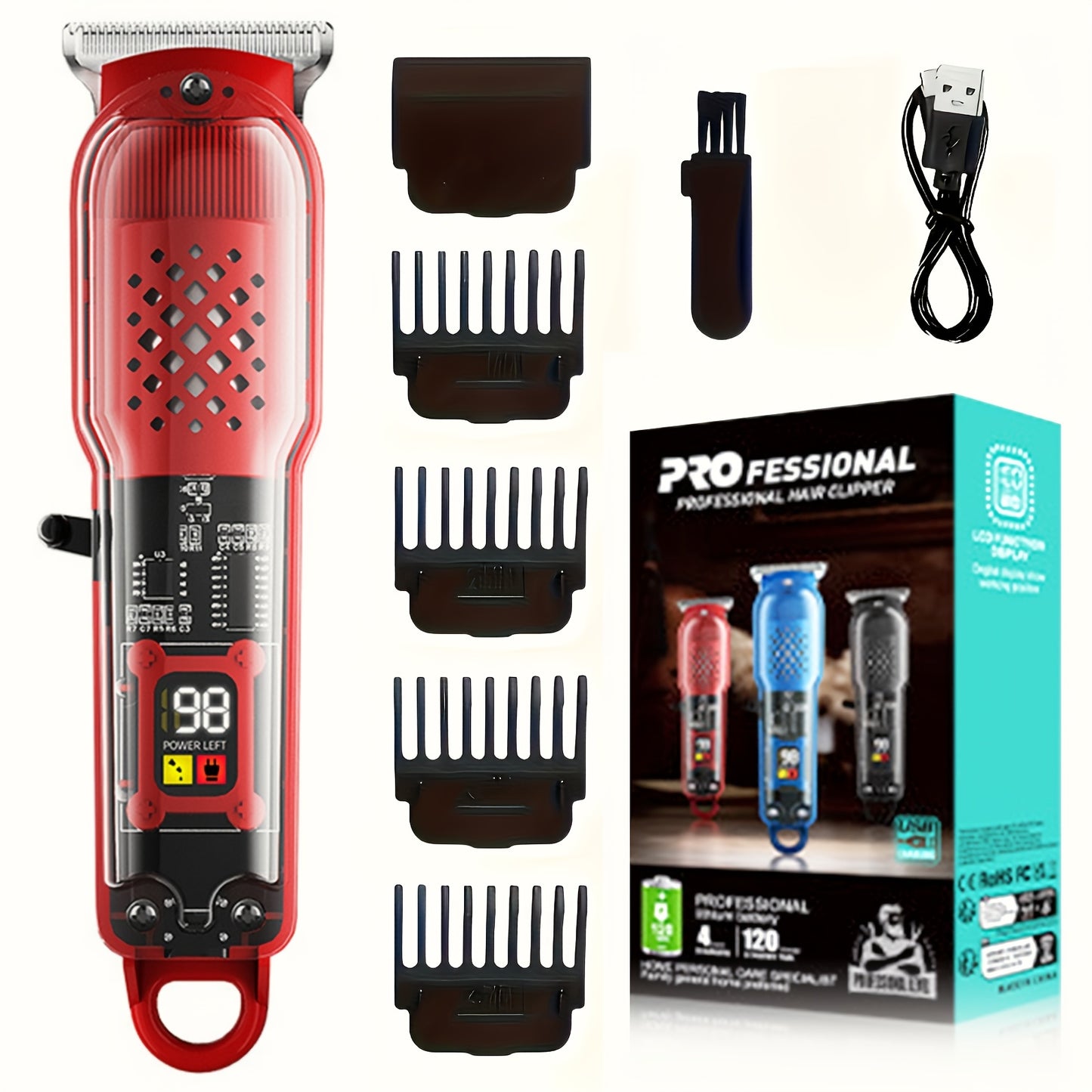 Professional Cordless Hair Clipper with Digital Display | Transparent Barber Trimmer with 4 Limiting Comb, USB Rechargeable, High-Quality, ABS Plastic Body, for Salon, Home, Travel