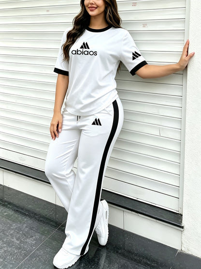 Women's Casual Summer Set - Short Sleeve Top & Wide-Leg Pants