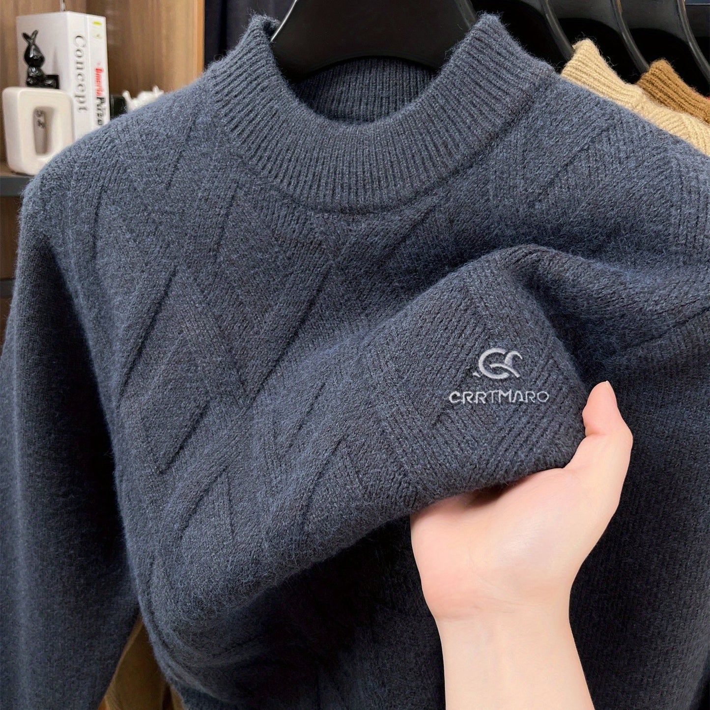 KATMARO ասեղնագործված սվիտեր տղամարդկանց համար, կլոր վզնոցով, տաք աշնանային և ձմռան համար, խիտ բրդյա, կիսաբարձր օձիքով հիմք, Shengyida-ի առօրյա տղամարդու հագուստ