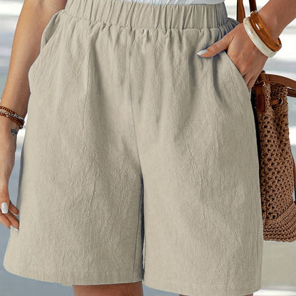 Women'S Elegant Solid Color Casual Comfort Shorts, 95% Polyester 5% Elastane, Summer Woven Fabric, 120g/m², Loose Fit - Navy Blue