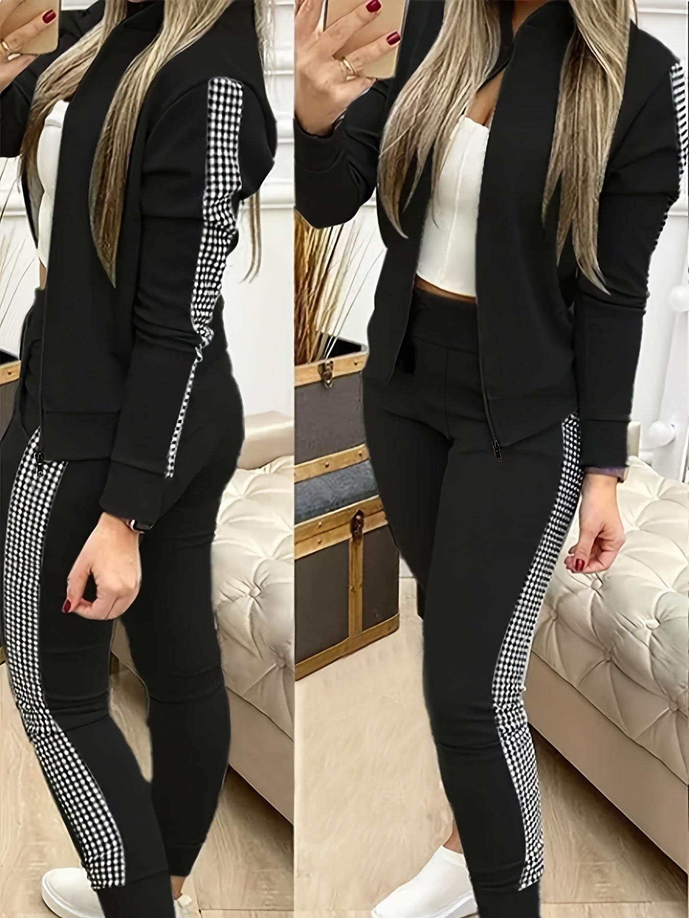 Two-Piece Outfit for Women Featuring a Geometric Design, Long-Sleeve Zip-Up Jacket, And Pants with Symmetrical Pockets - ayq