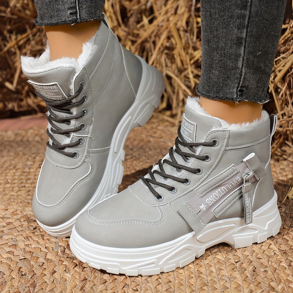 Autumn And Winter Women'S Fashionable Outdoor Plush Soft Comfortable Thick-Soled Lace-Up Ankle Boots