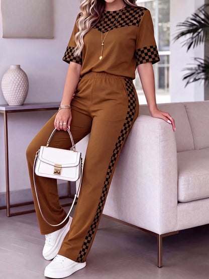 Women's Plaid Pullover Top & High-Waist Straight Pants Set