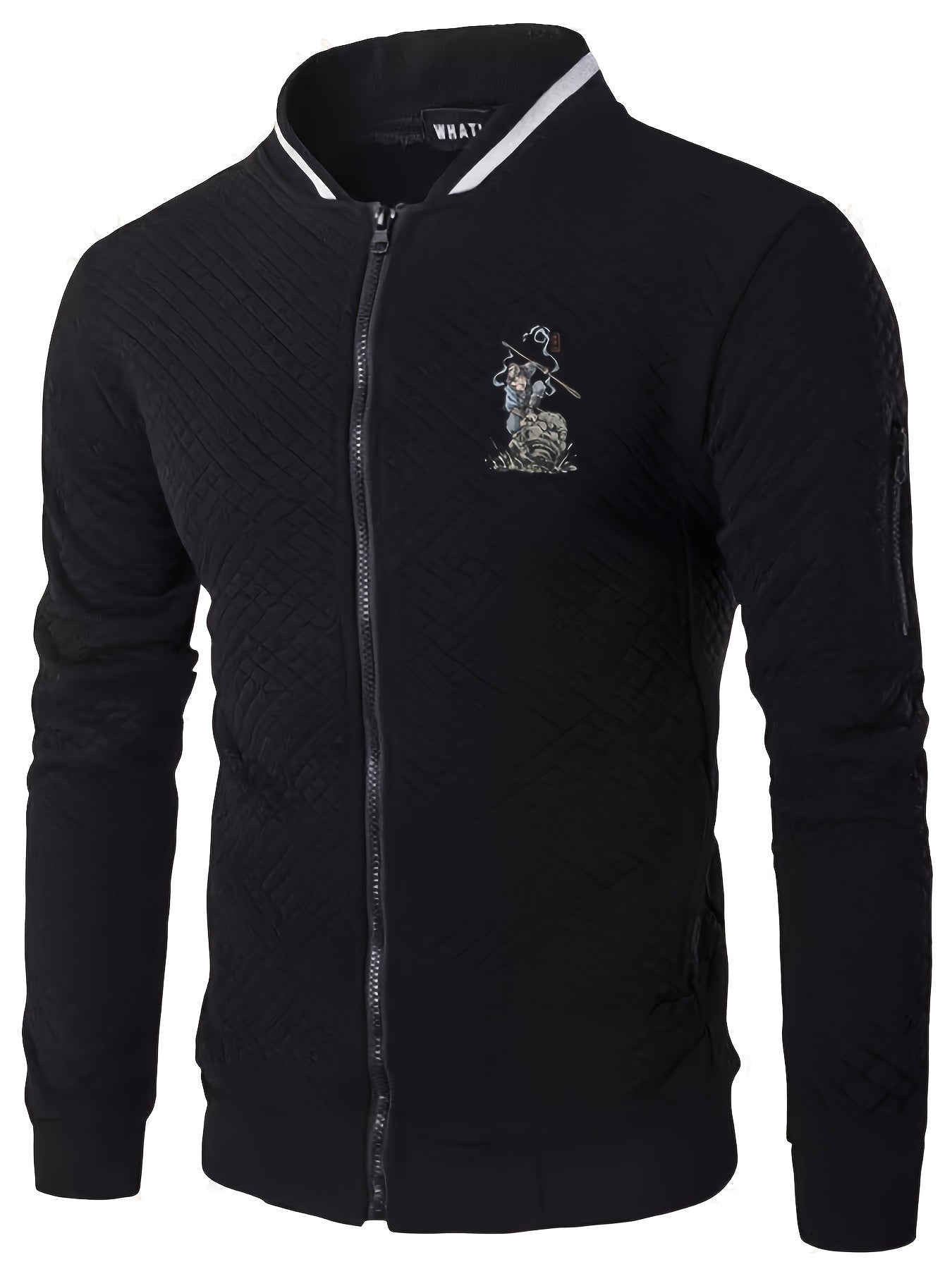 Men's Casual Stand Collar Jacket - 100% Polyester Knit Fabric with Slight Stretch, Solid Color Zippered Spring/Fall Outerwear with Cartoon Embroidery