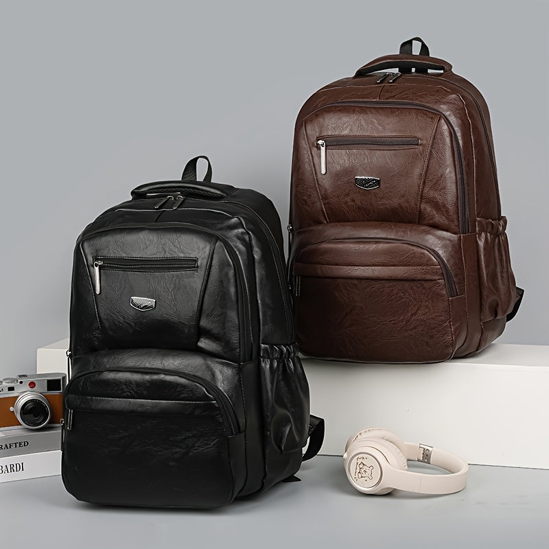Men's Vintage PU Large Capacity Multi-Pocket Backpack, Casual Commuter Travel Backpack - ayq