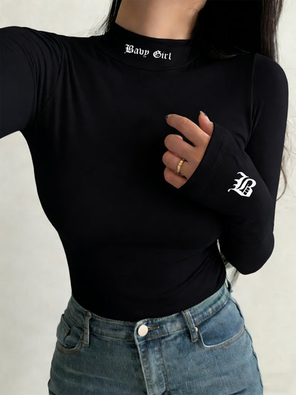 Women’s Gothic Style Long-Sleeve High-Neck Fitted T-Shirt