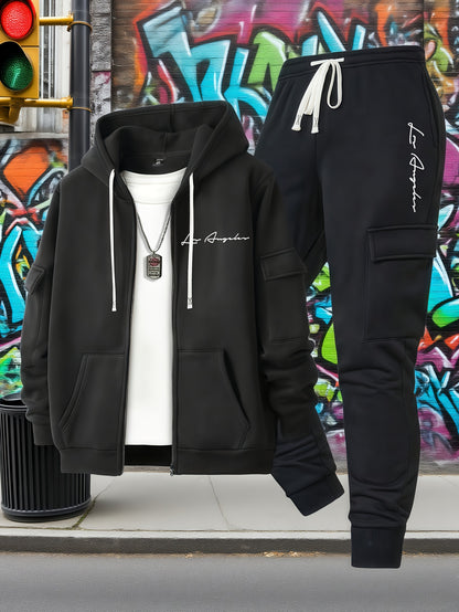 Men's Casual Zip Hoodie and Loose Cargo Pants Set - Breathable Polyest
