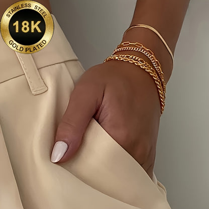 Elegant 5-Piece 18K Gold-Plated Stainless Steel Bracelet Set for Women