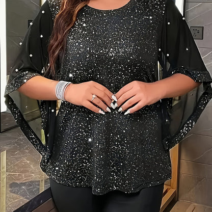 Շողշողացող հմայքը, էլեգանտ Plus Size կանացի վերնաշապիկ՝ փայլուն սեկվիններով և արհեստական ​​մարգարիտներով՝ ասիմետրիկ թևերով, կլոր վզով, ձգվող գործվածք՝ գարուն/ամառ