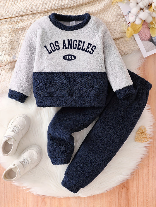 Boys' "LOS ANGELES" Color Block Plush Set: Sweatshirt + Pants - Warm And Comfortable Two-Piece Set for Everyday Wear And Outings, for Outdoor
