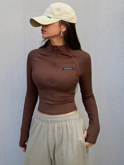 Slim-Fit Long Sleeve Half-Zip T-Shirt with High Neck