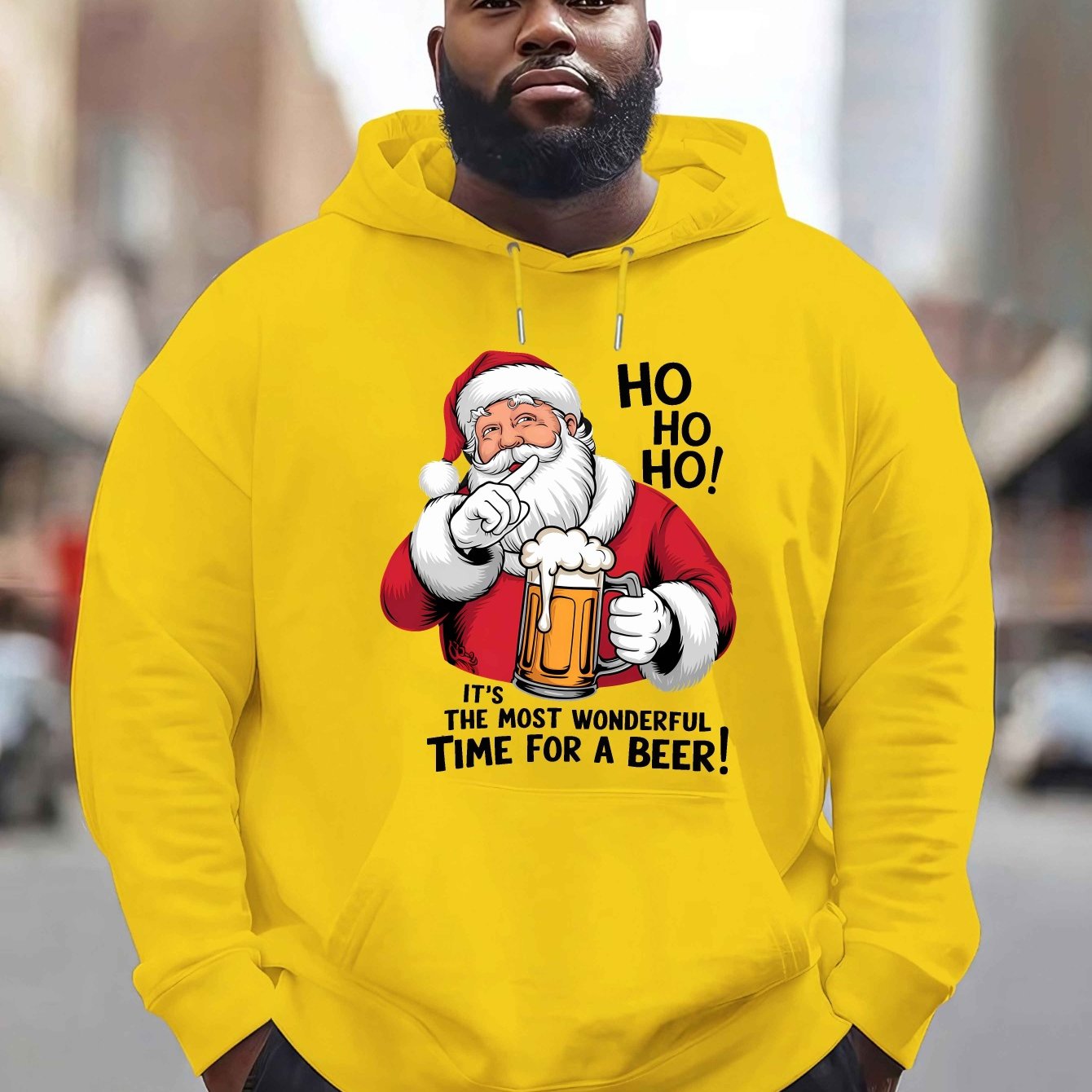 Men'S Red Hoodie with Santa Claus & Beer Mug Graphic - "Ho Ho Ho! It'S the Most Wonderful Time for a Beer!" - Cozy Plush Pullover for Fall & Winter, Casual Holiday Wear, Christmas Clothes, Plus Size