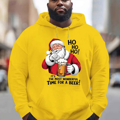 Men'S Red Hoodie with Santa Claus & Beer Mug Graphic - "Ho Ho Ho! It'S the Most Wonderful Time for a Beer!" - Cozy Plush Pullover for Fall & Winter, Casual Holiday Wear, Christmas Clothes, Plus Size