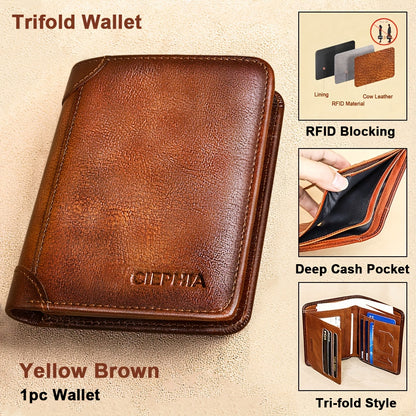 1 հատ CIEPHIA Vintage բնական կաշվից RFID արգելափակող դրամապանակ տղամարդկանց համար՝ բարակ, բազմաֆունկցիոնալ նույնականացման և կրեդիտ քարտի կրիչ, դաջված տարբերանշանով շագանակագույն, Իդեալական նվեր Սուրբ Վալենտինի օրվա համար