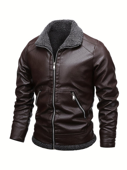 Men'S Cozy Fleece-Lined Bomber Jacket - Thick Winter Coat with Multiple Pockets, Zip-Up Casual Pilot Style, Brown, Polyester Lining, Perfect for Fall & Winter, Winter Bomber Jacket