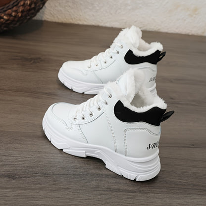 Women's Insulated Winter Boots with Plush Collar & Thick Sole - White Faux Cover Round-Toe Lace-Up Ankle Boots, Cushioned Insole & Arch Support, Warm TPU Outsole for Cold Weather, Casual to Semi-Formal Outfits
