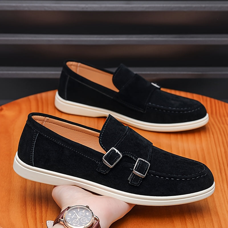 Men's British Style Double Buckle Loafers, Soft Sole Casual Shoes