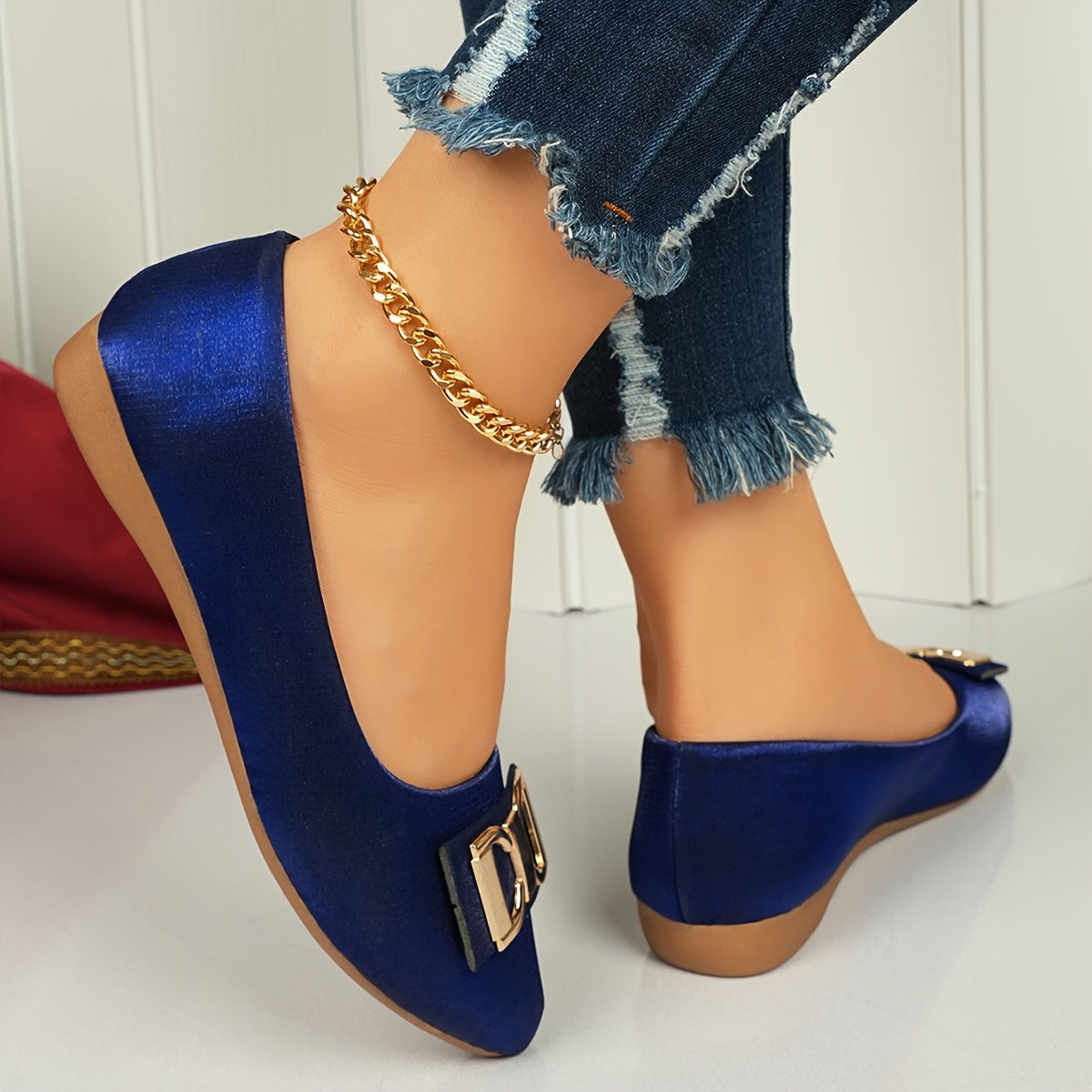 Women's Elegant Red Slip-On Flats with Golden Double Buckle Design - Comfortable Faux Cover Shoes for All Seasons, Pointed Toe Rubber Sole, Perfect for Casual or Dressy Occasions, Dressy Flats   Buckle Embellished Shoes   Lux