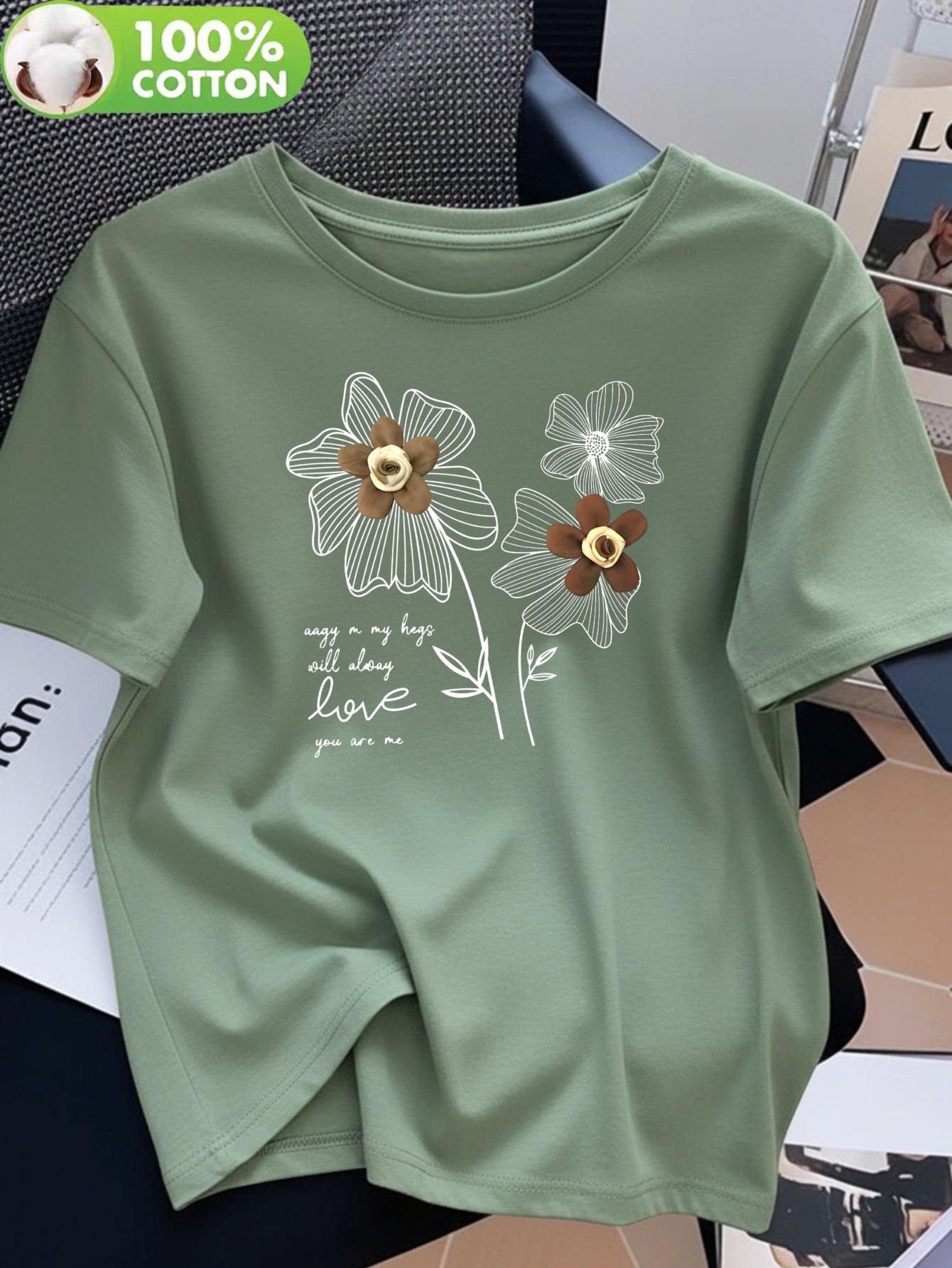 Women's 100% Cotton Casual Crew Neck T-Shirt with Floral Print