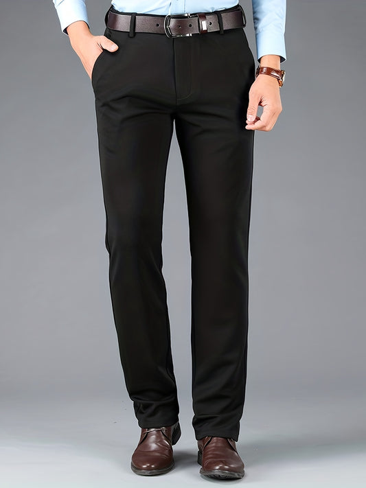 Men's Sleek Business Casual Dress Pants - Solid Black, Straight Leg, Wrinkle-Resistant Polyester Blend, All-Season Formal Trousers with Button Detail