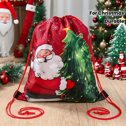 1pc Santa Claus Christmas Tree Drawstring Bag - Red & Green Holiday Gift Packaging with Santa, Snowflakes & Pine Trees, Durable Polyester Gym Bag for Christmas, New Year, Festive Design, Seasonal Decorations, Festive Occasion