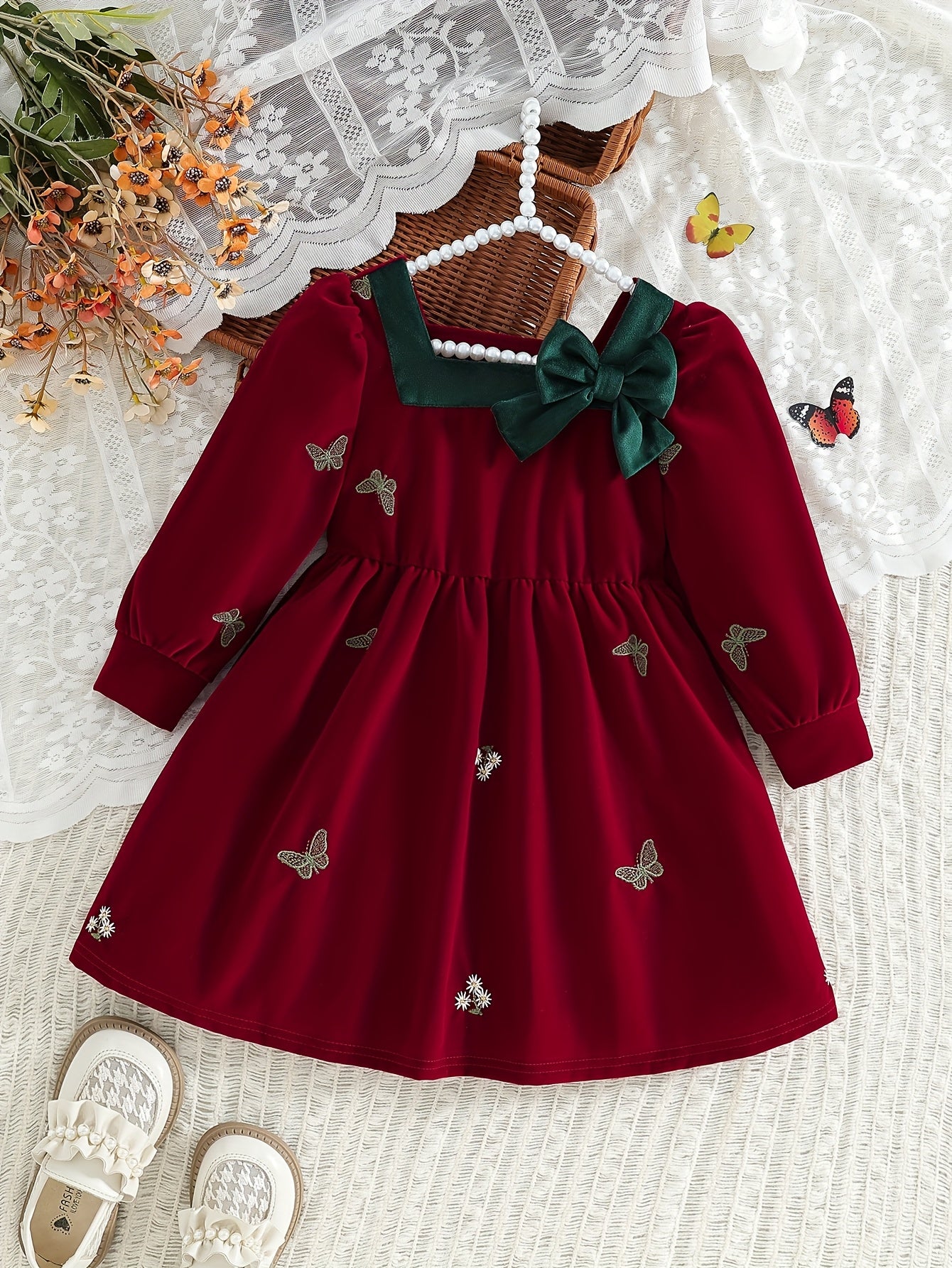 Dreamy Party Dress for Girls - Sweet 3-D Bow with Playful Embroidered Accents, Long Sleeve Spring/Fall Holiday Gathering Outfit