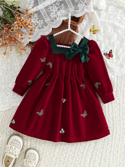 Dreamy Party Dress for Girls - Sweet 3-D Bow with Playful Embroidered Accents, Long Sleeve Spring/Fall Holiday Gathering Outfit