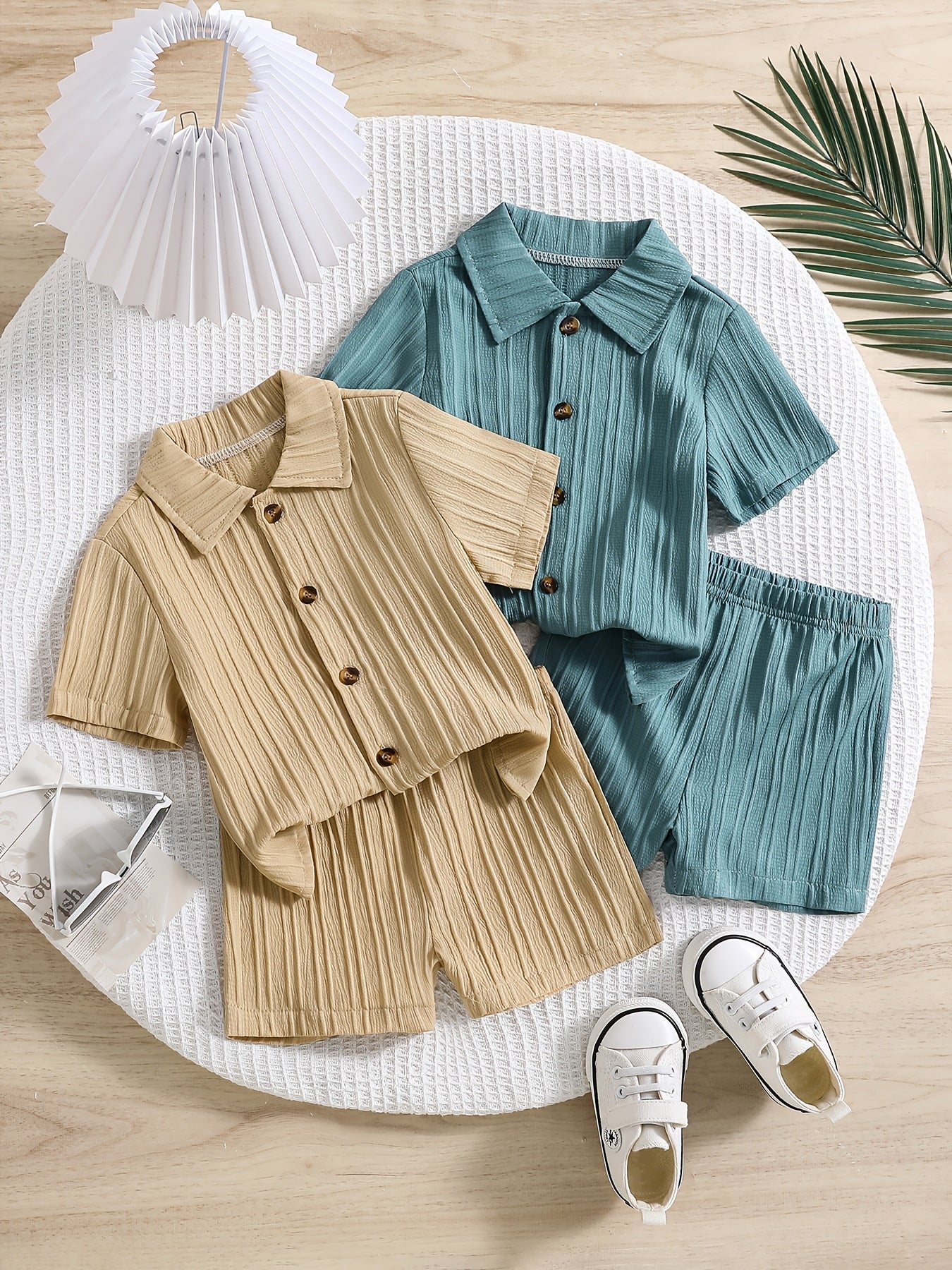 Boys' Summer Shorts Set with Short-Sleeve Shirts & Khaki Cardigan
