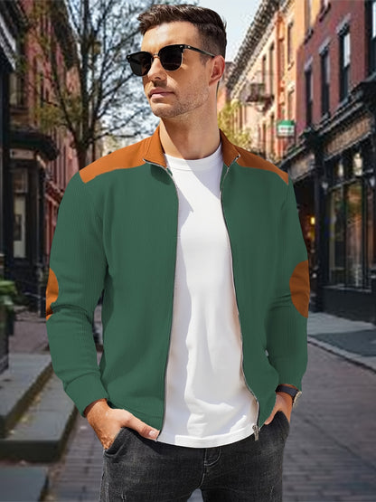 Men'S Long Sleeve Patchwork Fashion Warm Jacket, Corduroy Long Sleeve Warm Coat with Zipper Stand Collar Long Sleeve Casual Comfortable Autumn and Winter Style