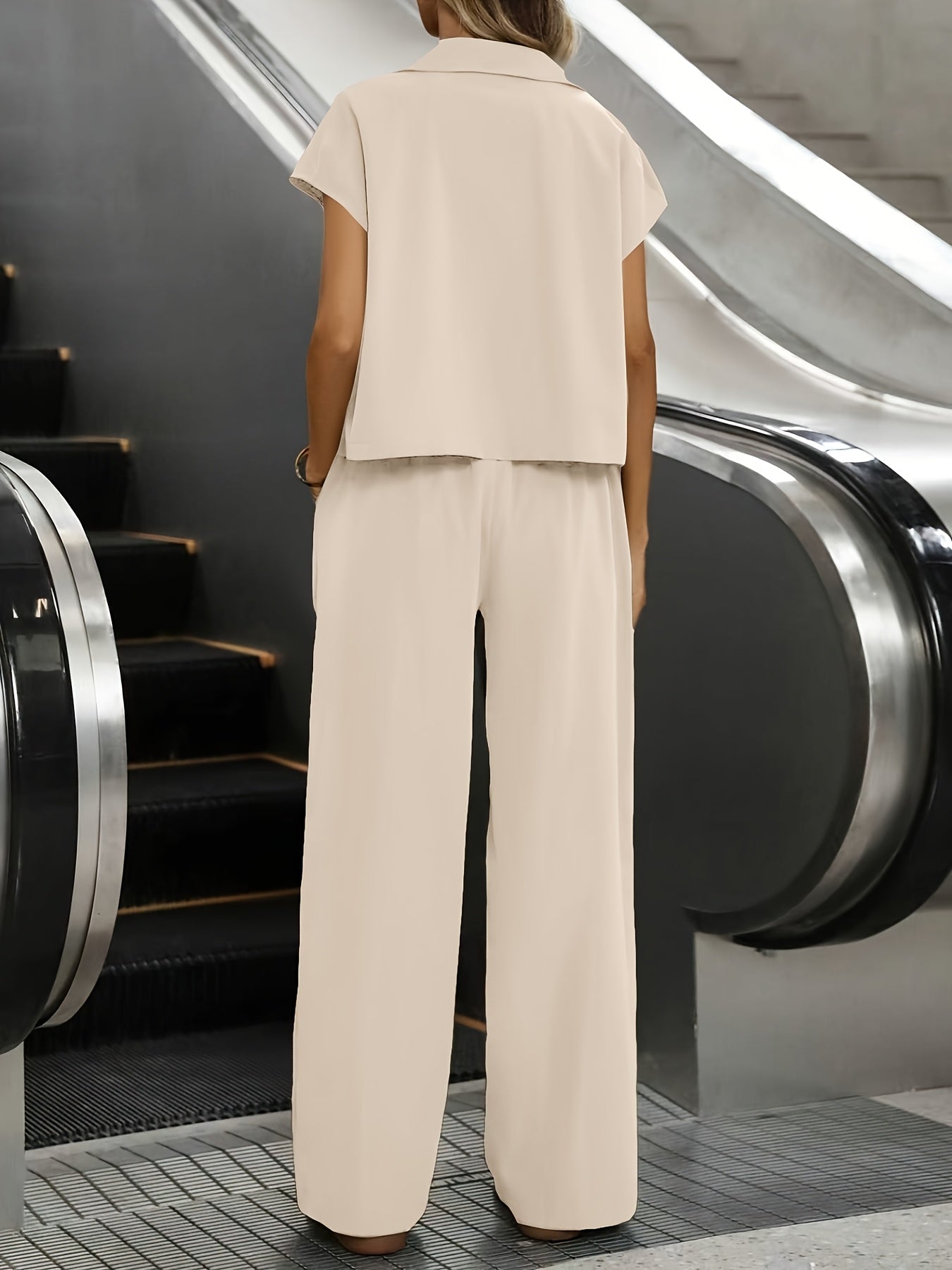 Women's Casual Solid Color Shirt and Pants 2pcs Set, Spring Summer 2pcs Set: Solid Color Button-Up Short Sleeve Top and Pocket Pants, Women's Casual Elegant Spring Summer 2pcs Outfit, Women's Outing and Date Wear, Spring Summ - ayq
