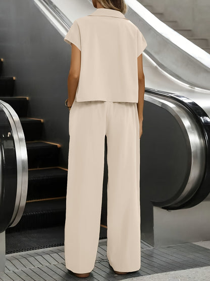 Women's Casual Solid Color Shirt and Pants 2pcs Set, Spring Summer 2pcs Set: Solid Color Button-Up Short Sleeve Top and Pocket Pants, Women's Casual Elegant Spring Summer 2pcs Outfit, Women's Outing and Date Wear, Spring Summ - ayq