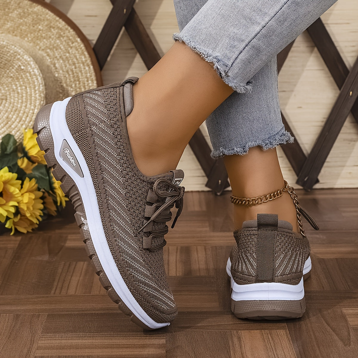 Women'S Knit Casual Sneakers - Stylish Striped Weave Pattern, Breathable Non-Slip Comfort Shoes with Rubber Sole for Outdoor Wear