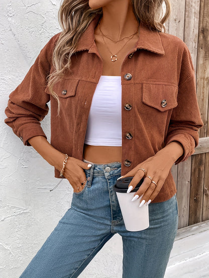 Կանացի էլեգանտ վարդագույն կոճակներով բաճկոն՝ փեղկավոր գրպաններով - Աշնանային առօրյա վերնազգեստ, երկար թևքերով, կոճակներով դետալներով, պոլիեսթերի խառնուրդով, լվացվող լվացքի մեքենայով, առօրյա վերնազգեստ | Կոճակներով բաճկոն | Պոլիեսթերի խառնուրդով բաճկոն