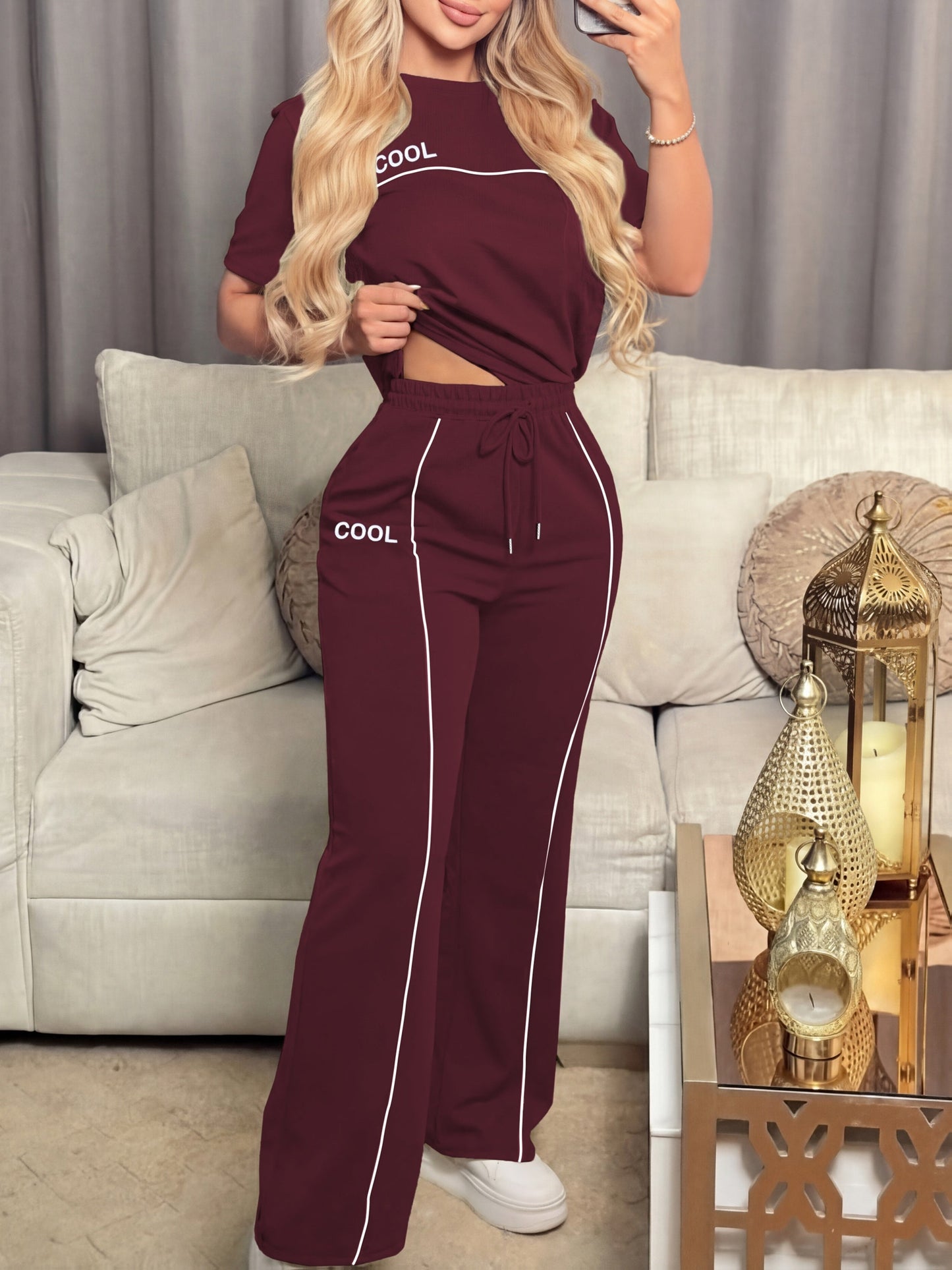 Women's Casual Letter Print Top & Wide Leg Pants Set - Spring/Summer - ayq