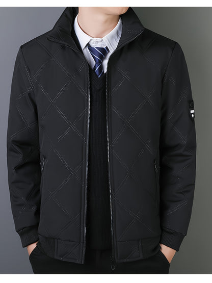 Men's Quilted Fleece Jacket with Stand Collar & Full-Zip Closure - Thick Winter Coat, Black/Brown & Warm Lining, Casual Outdoor Winter Wear for Skiing,, Cold Weather (Hand Wash/Dry Clean)