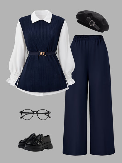 Teen Girls' Casual Spring Outfit Set: Puff Sleeve Shirt, Vest & Wide-L