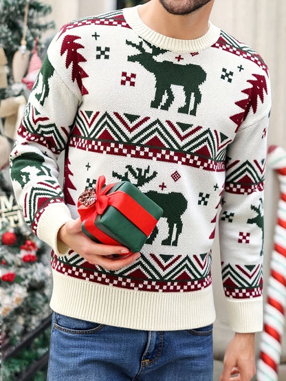 Men'S Winter Sweater - Christmas Deer & Snowflake Sweater with Red & Green Holiday Colors, Loose Fit Casual Knitwear, Drop Shoulder Long Sleeve Pullover, Soft Warm Winter Sweater for Christmas, Knit, Sweater For Men, Men Clot
