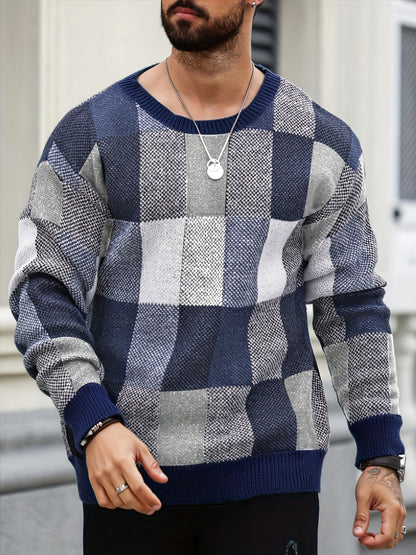 Men'S Casual Plaid Crew Neck Knit Sweater | Loose Fit, Long Sleeve, Fashionable Color Block Design, Suitable for Fall/Winter