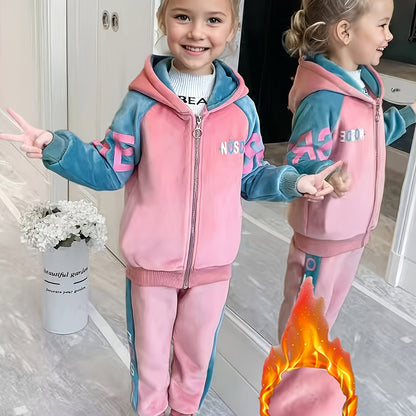 Girls' Thickened Fleece-Lined Hooded Zip-Up Jacket & Jogger Pants Set - Cozy Two-Piece Outfit with "NUS" Letter Print, Long Sleeves, and Drawstring Waist, for Outdoor, And Casual Wear, Winter Clothing, Playful Design, Soft Fa