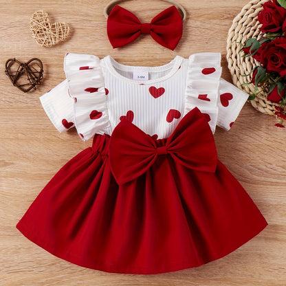 Baby Girl կարճաթև Love Print Bow զգեստ P100497